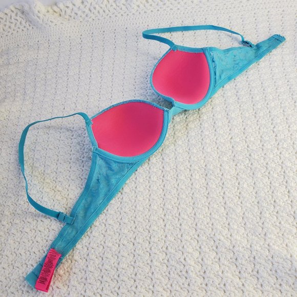 LaSenza REMIX Push Up Plunge Bra: Cyan Blue Lace with Hot Pink Lining - Picture 8 of 8
